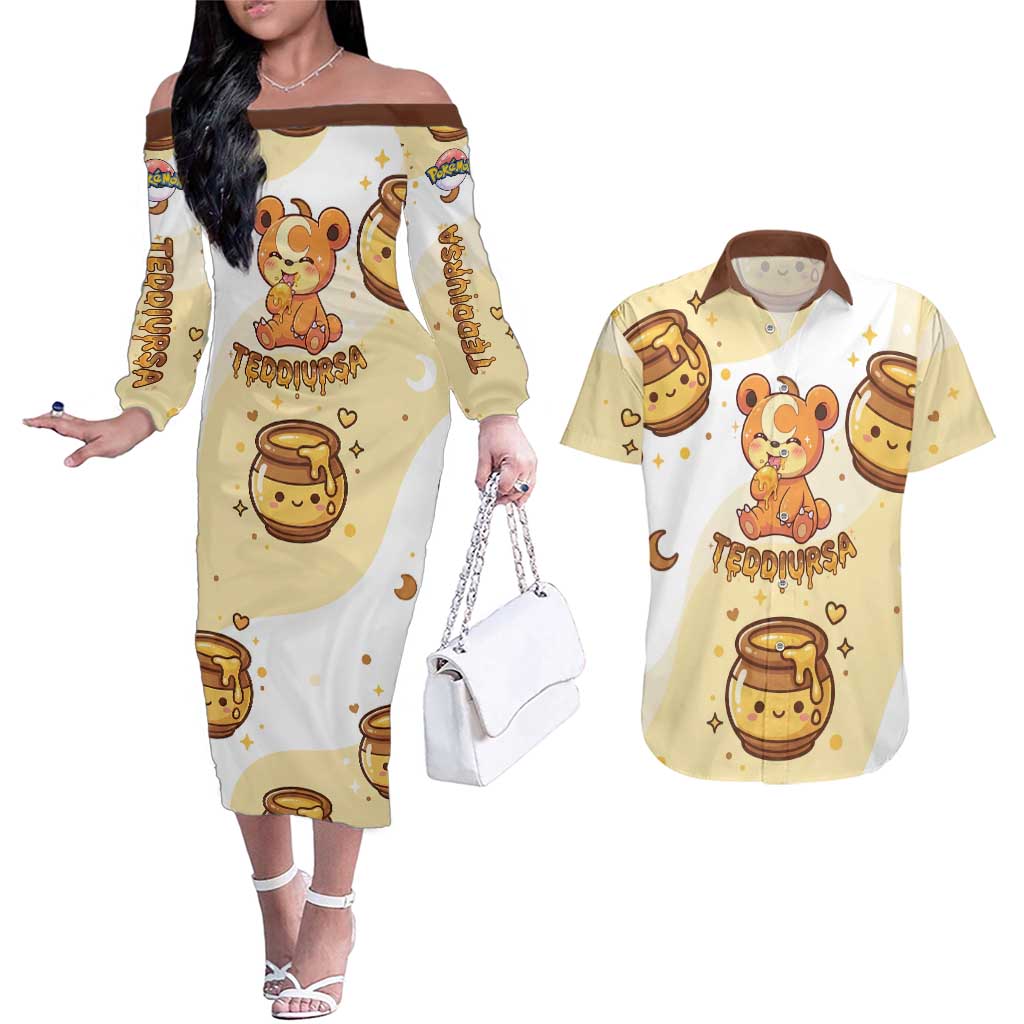 Teddiursa Couples Matching Off The Shoulder Long Sleeve Dress and Hawaiian Shirt Sweet Honey Moon Kawaii Art