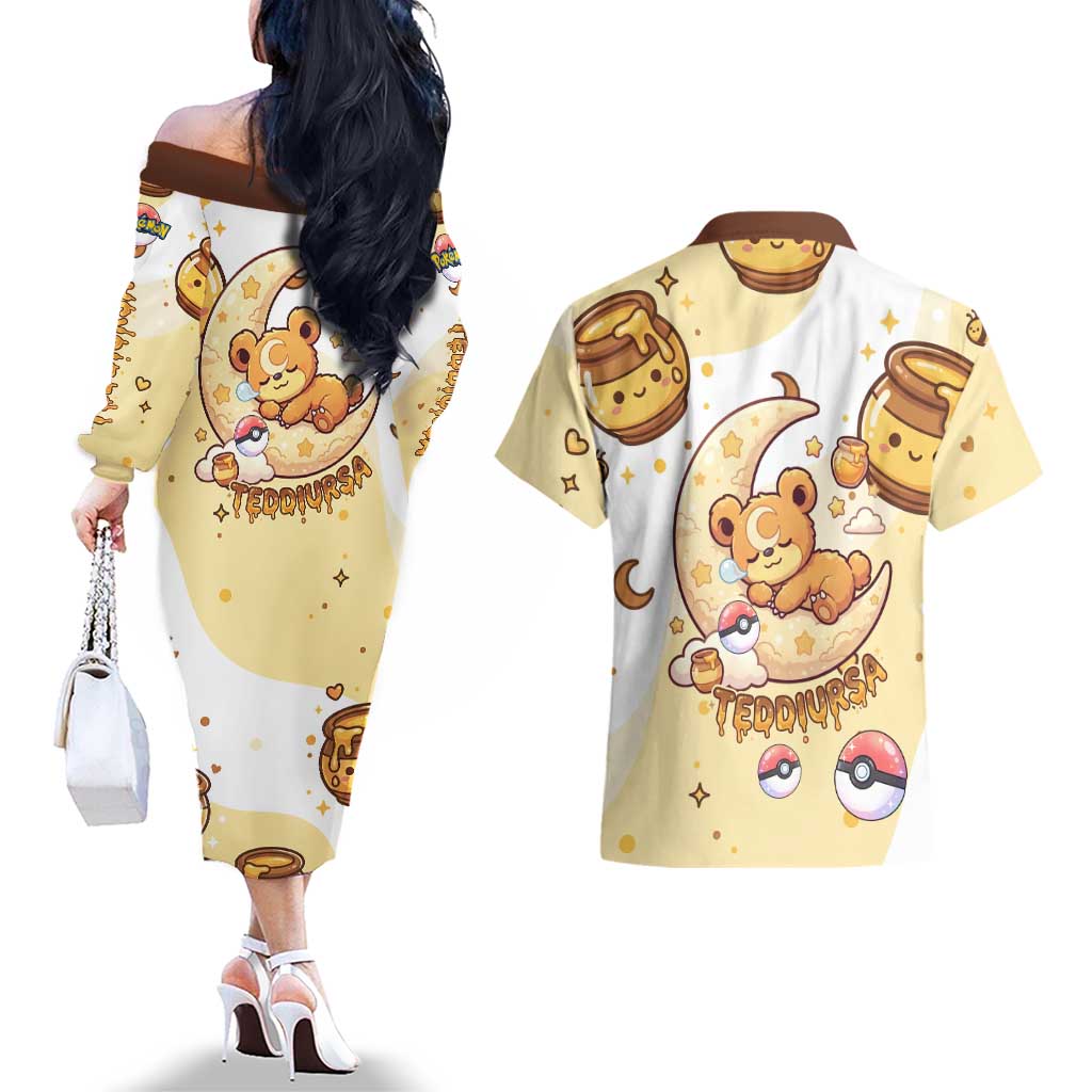 Teddiursa Couples Matching Off The Shoulder Long Sleeve Dress and Hawaiian Shirt Sweet Honey Moon Kawaii Art