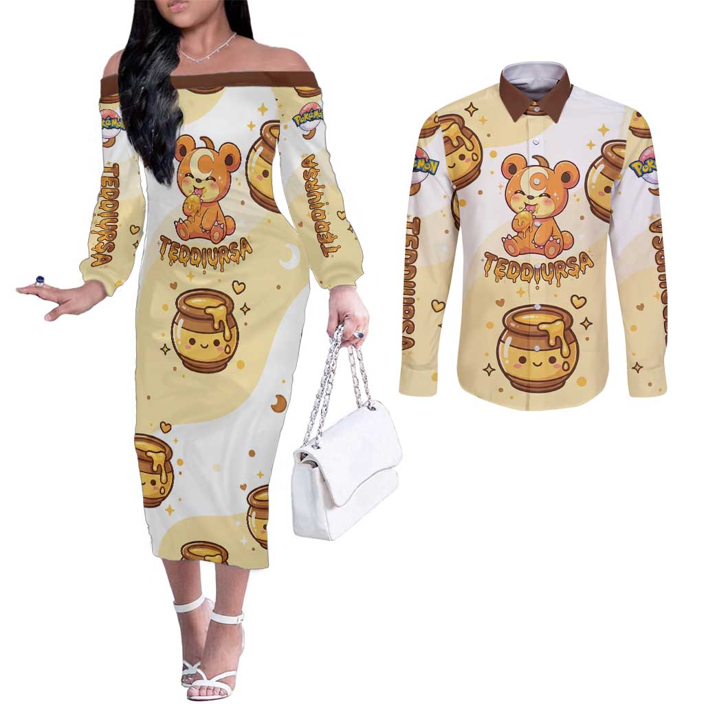 Teddiursa Couples Matching Off The Shoulder Long Sleeve Dress and Long Sleeve Button Shirt Sweet Honey Moon Kawaii Art