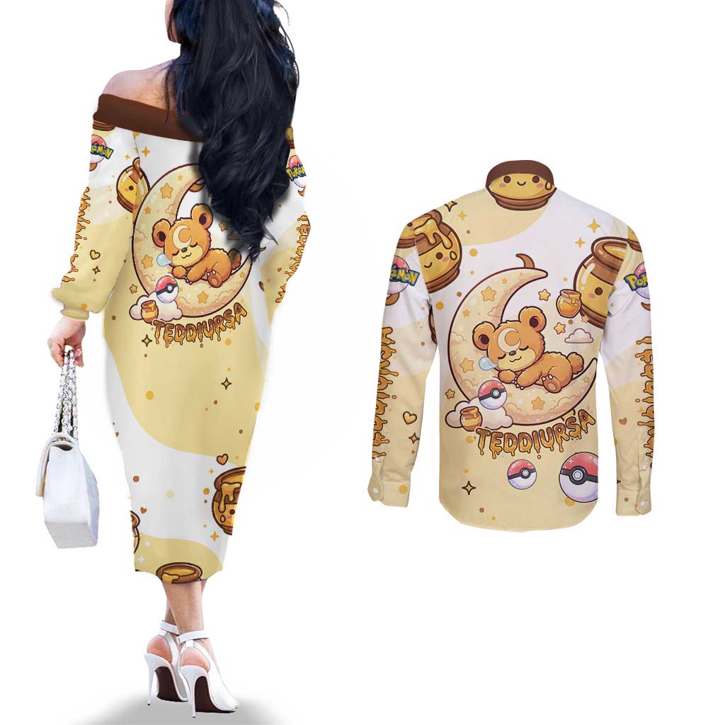 Teddiursa Couples Matching Off The Shoulder Long Sleeve Dress and Long Sleeve Button Shirt Sweet Honey Moon Kawaii Art