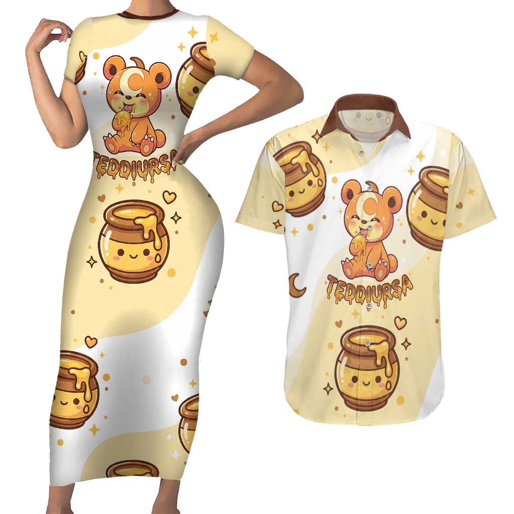 Teddiursa Couples Matching Short Sleeve Bodycon Dress and Hawaiian Shirt Sweet Honey Moon Kawaii Art
