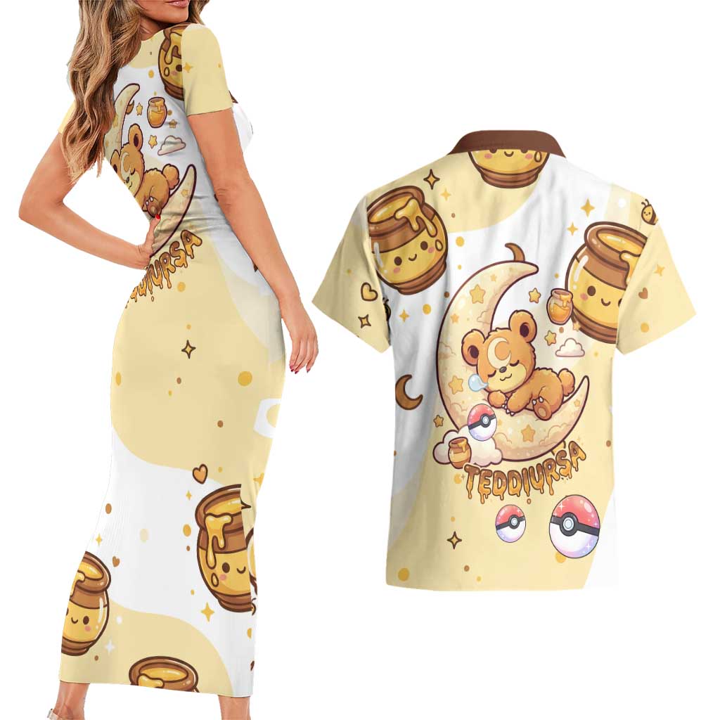 Teddiursa Couples Matching Short Sleeve Bodycon Dress and Hawaiian Shirt Sweet Honey Moon Kawaii Art