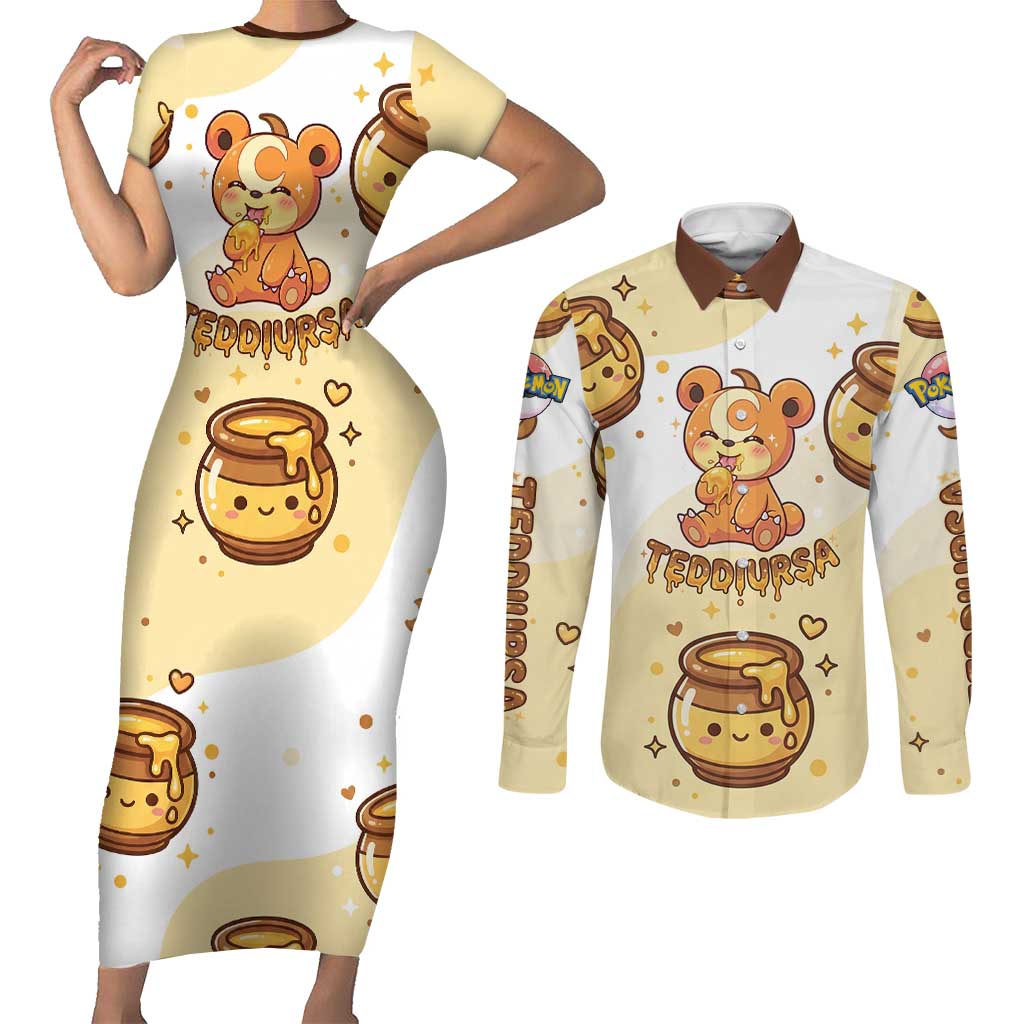 Teddiursa Couples Matching Short Sleeve Bodycon Dress and Long Sleeve Button Shirt Sweet Honey Moon Kawaii Art
