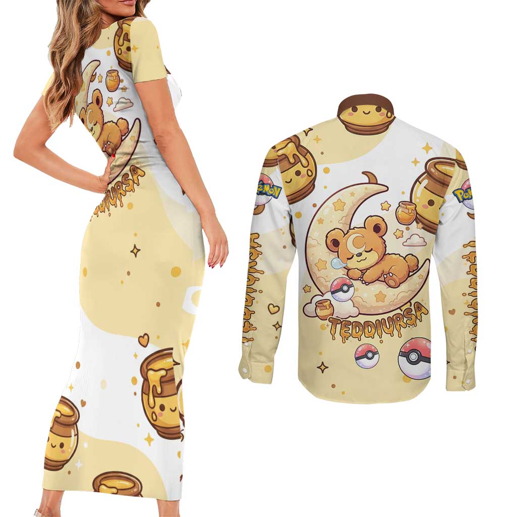 Teddiursa Couples Matching Short Sleeve Bodycon Dress and Long Sleeve Button Shirt Sweet Honey Moon Kawaii Art