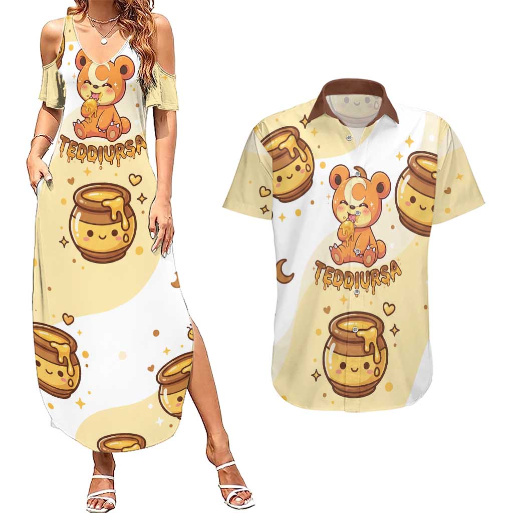 Teddiursa Couples Matching Summer Maxi Dress and Hawaiian Shirt Sweet Honey Moon Kawaii Art