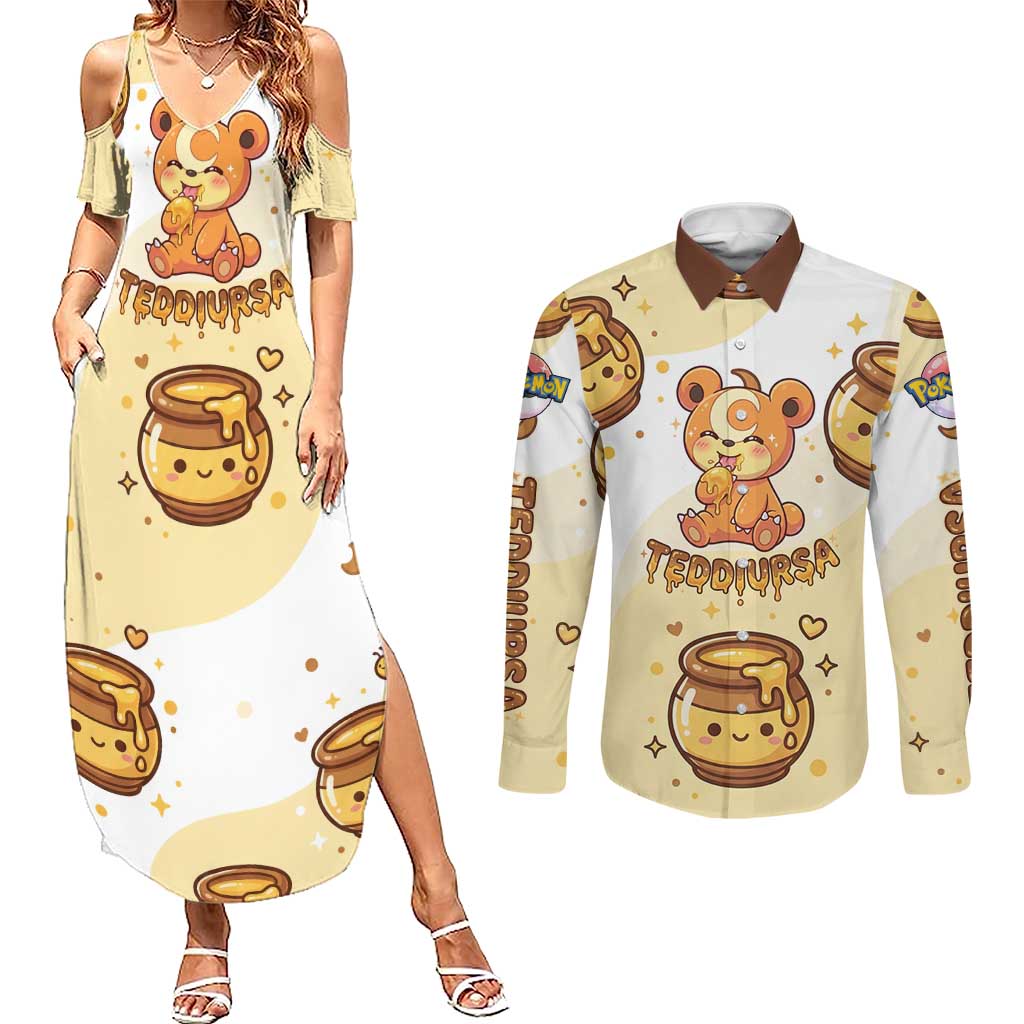 Teddiursa Couples Matching Summer Maxi Dress and Long Sleeve Button Shirt Sweet Honey Moon Kawaii Art