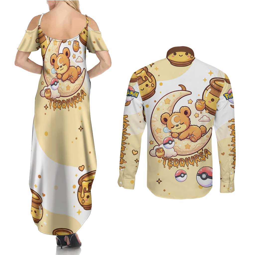 Teddiursa Couples Matching Summer Maxi Dress and Long Sleeve Button Shirt Sweet Honey Moon Kawaii Art