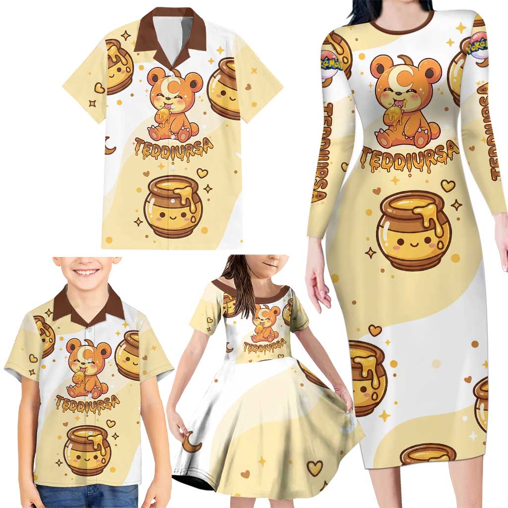 Teddiursa Family Matching Long Sleeve Bodycon Dress and Hawaiian Shirt Sweet Honey Moon Kawaii Art
