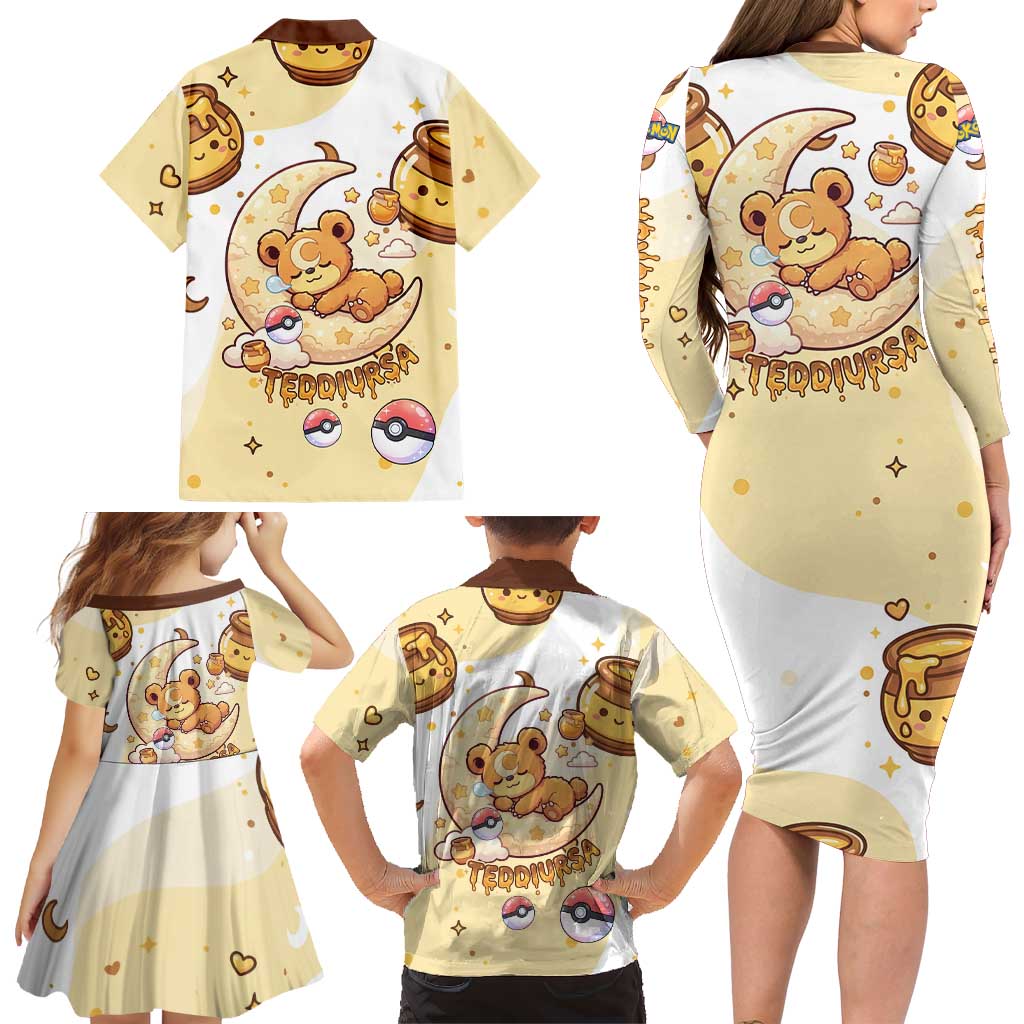 Teddiursa Family Matching Long Sleeve Bodycon Dress and Hawaiian Shirt Sweet Honey Moon Kawaii Art