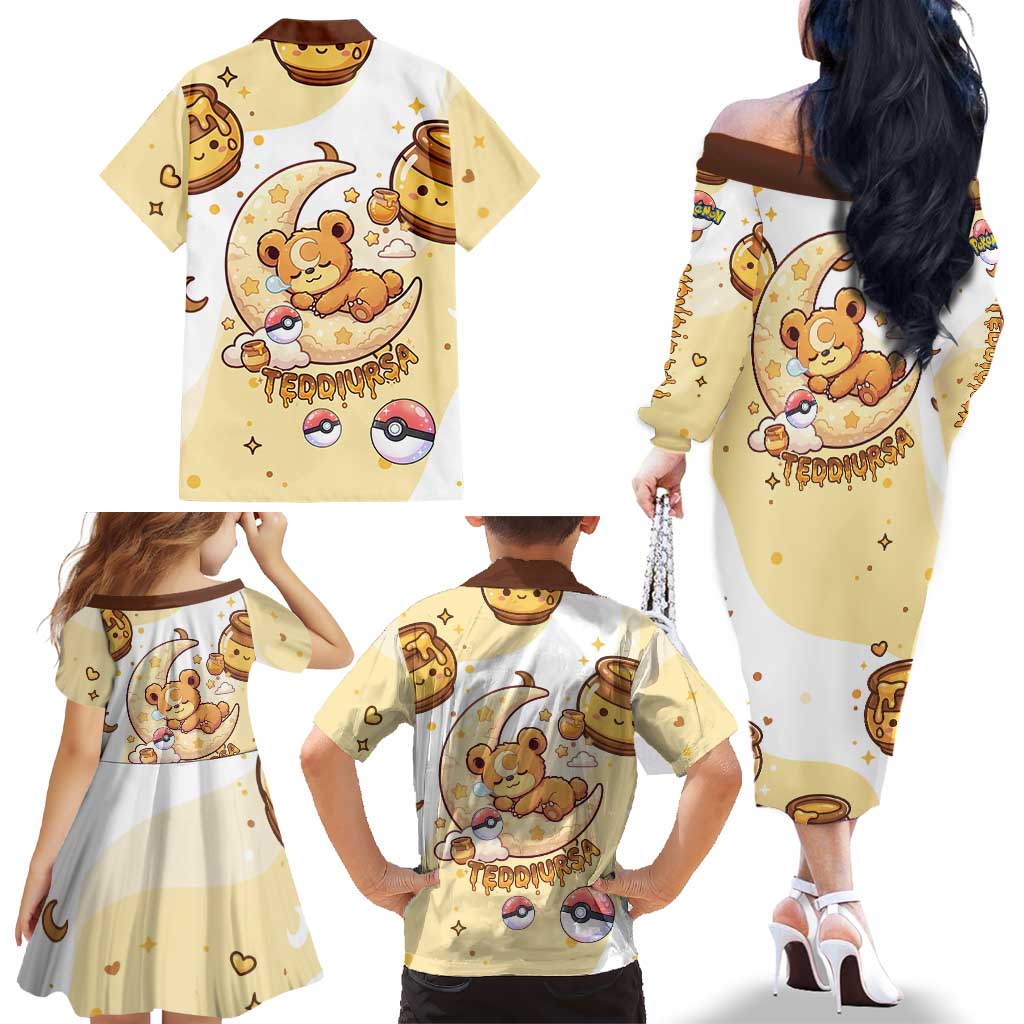 Teddiursa Family Matching Off The Shoulder Long Sleeve Dress and Hawaiian Shirt Sweet Honey Moon Kawaii Art