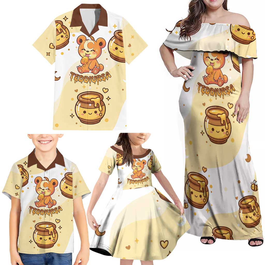 Teddiursa Family Matching Off Shoulder Maxi Dress and Hawaiian Shirt Sweet Honey Moon Kawaii Art