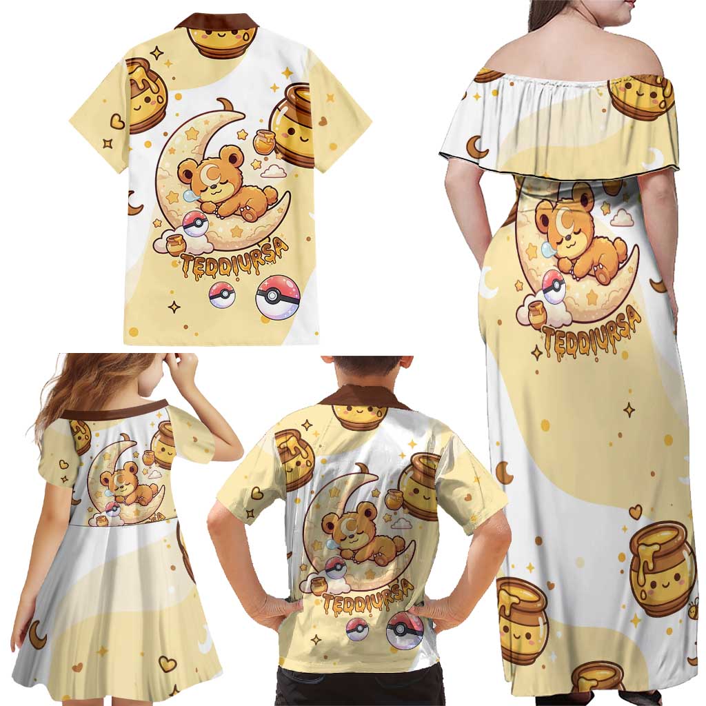 Teddiursa Family Matching Off Shoulder Maxi Dress and Hawaiian Shirt Sweet Honey Moon Kawaii Art