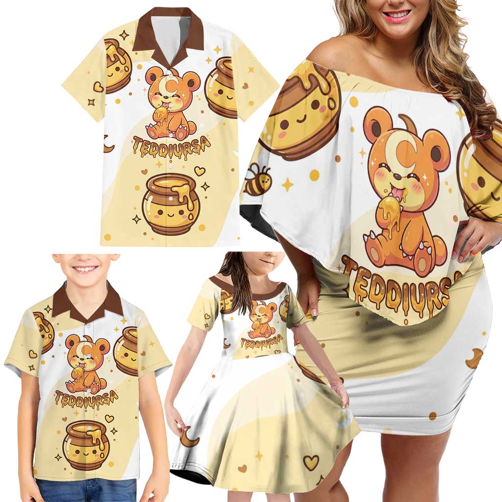 Teddiursa Family Matching Off Shoulder Short Dress and Hawaiian Shirt Sweet Honey Moon Kawaii Art