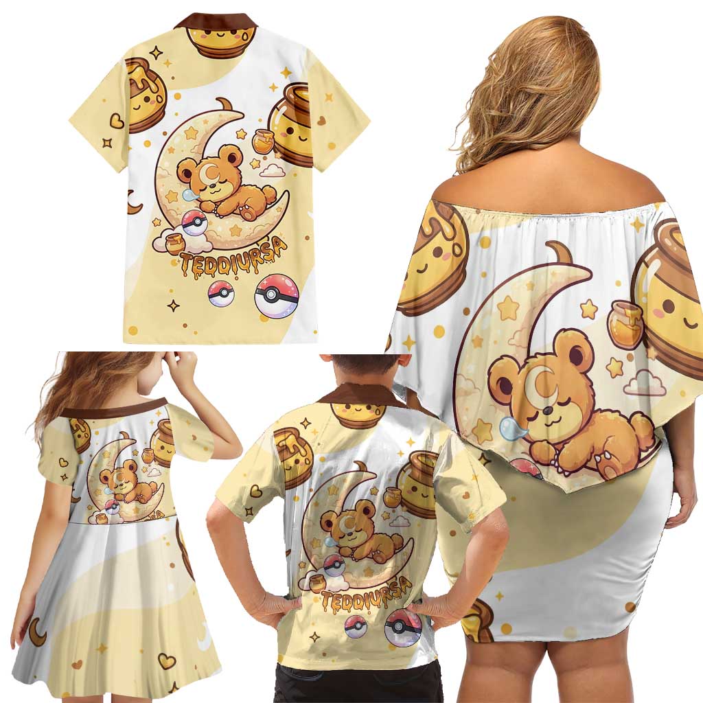 Teddiursa Family Matching Off Shoulder Short Dress and Hawaiian Shirt Sweet Honey Moon Kawaii Art