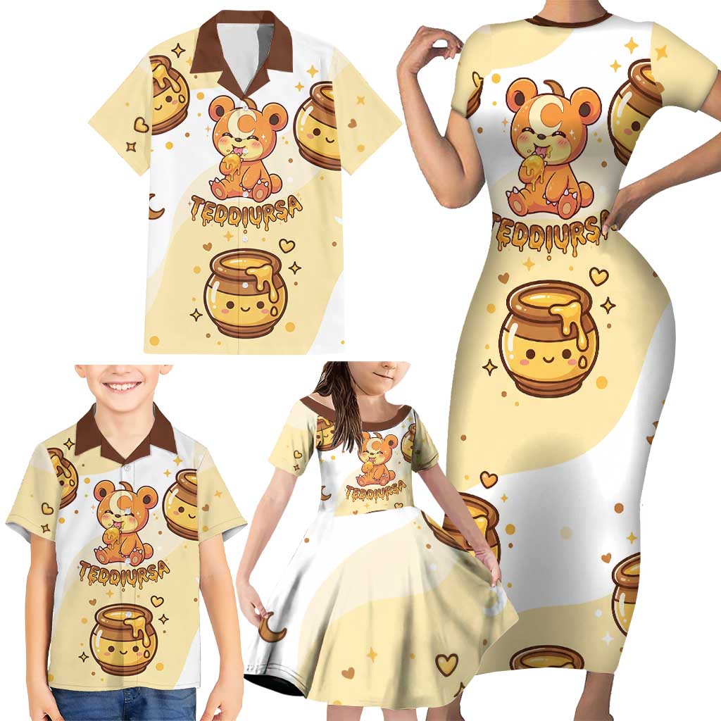 Teddiursa Family Matching Short Sleeve Bodycon Dress and Hawaiian Shirt Sweet Honey Moon Kawaii Art