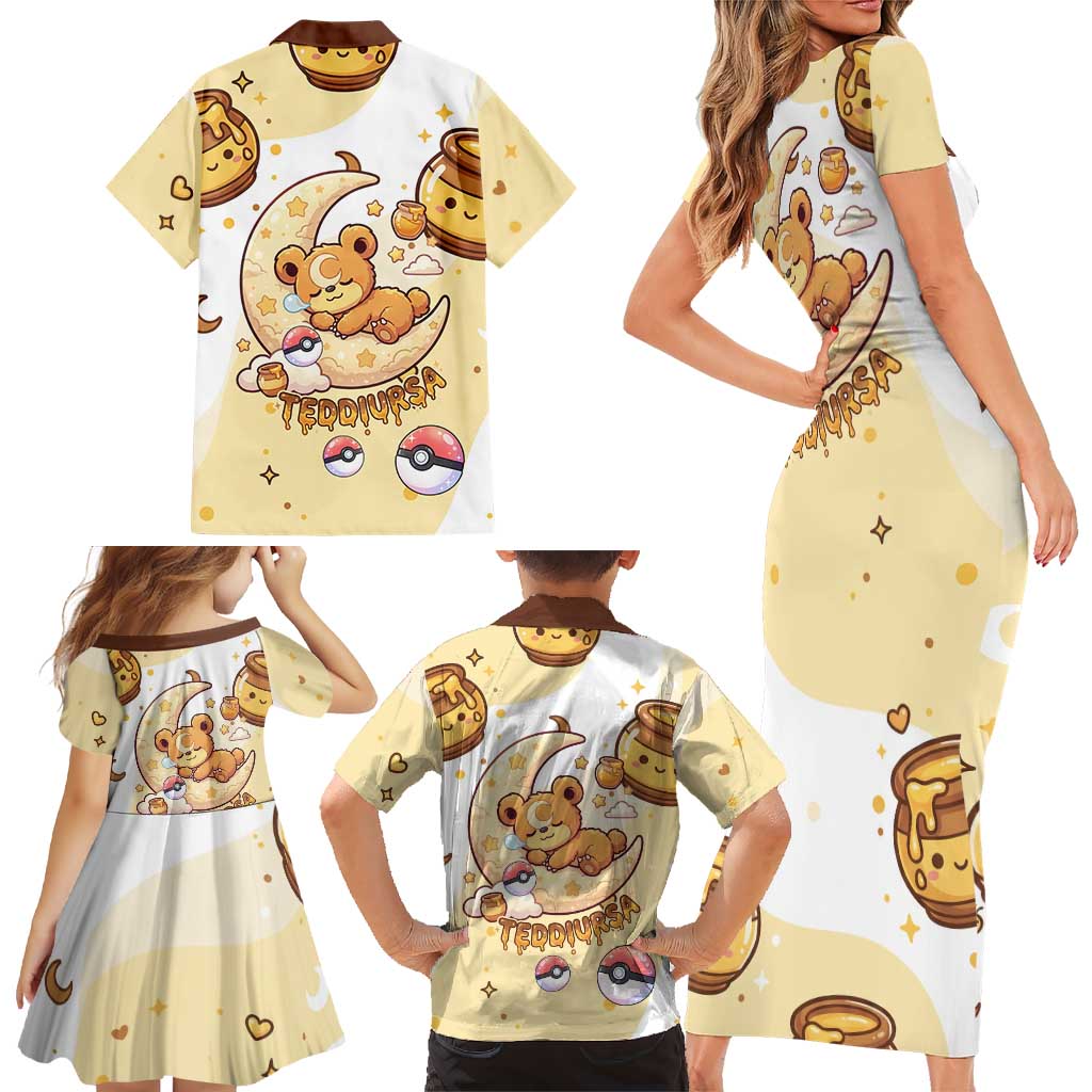 Teddiursa Family Matching Short Sleeve Bodycon Dress and Hawaiian Shirt Sweet Honey Moon Kawaii Art