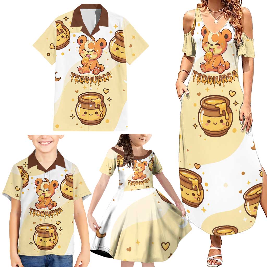 Teddiursa Family Matching Summer Maxi Dress and Hawaiian Shirt Sweet Honey Moon Kawaii Art