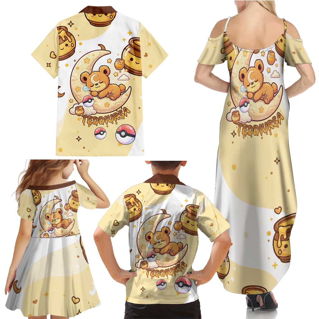 Teddiursa Family Matching Summer Maxi Dress and Hawaiian Shirt Sweet Honey Moon Kawaii Art