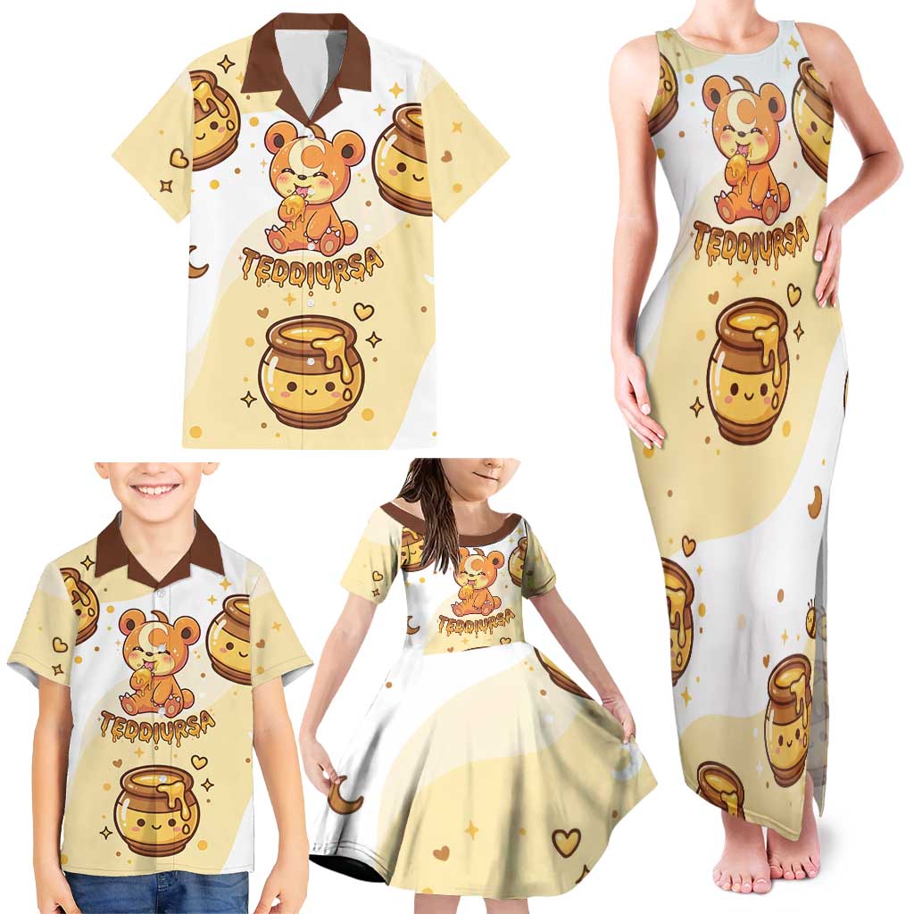 Teddiursa Family Matching Tank Maxi Dress and Hawaiian Shirt Sweet Honey Moon Kawaii Art