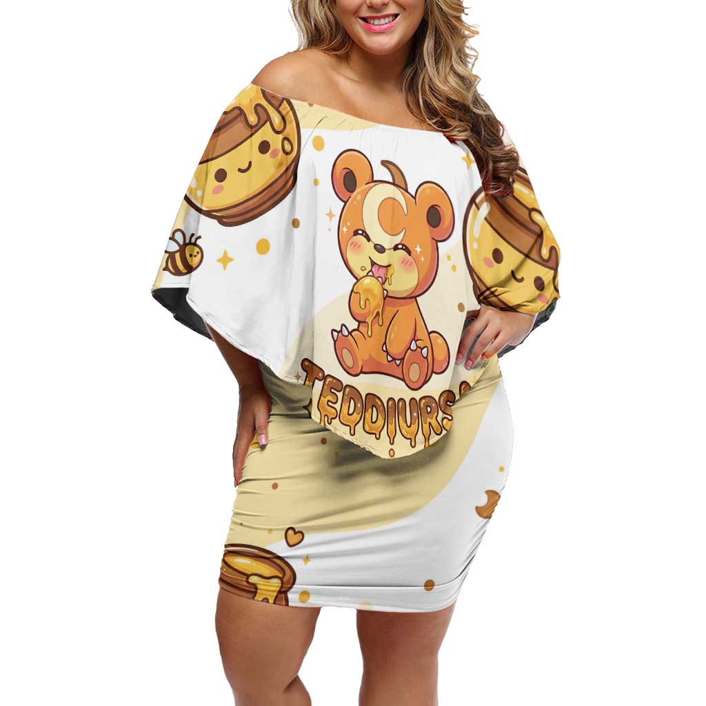 Teddiursa Off Shoulder Short Dress Sweet Honey Moon Kawaii Art