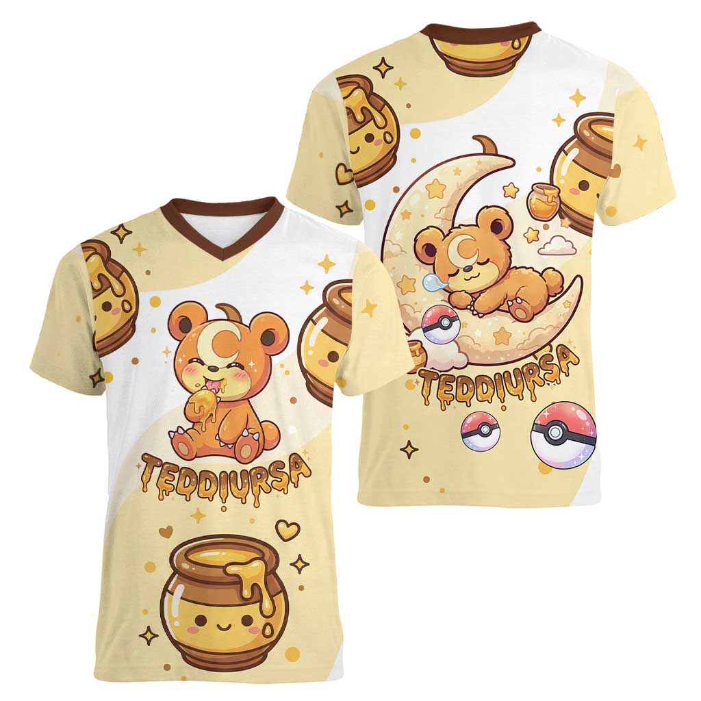 Teddiursa Women V-Neck T-Shirt Sweet Honey Moon Kawaii Art