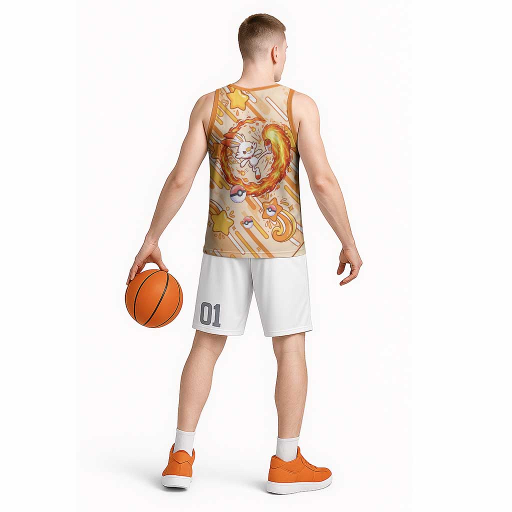 Scorbunny Basketball Jersey Energetic Fire Starburst Art