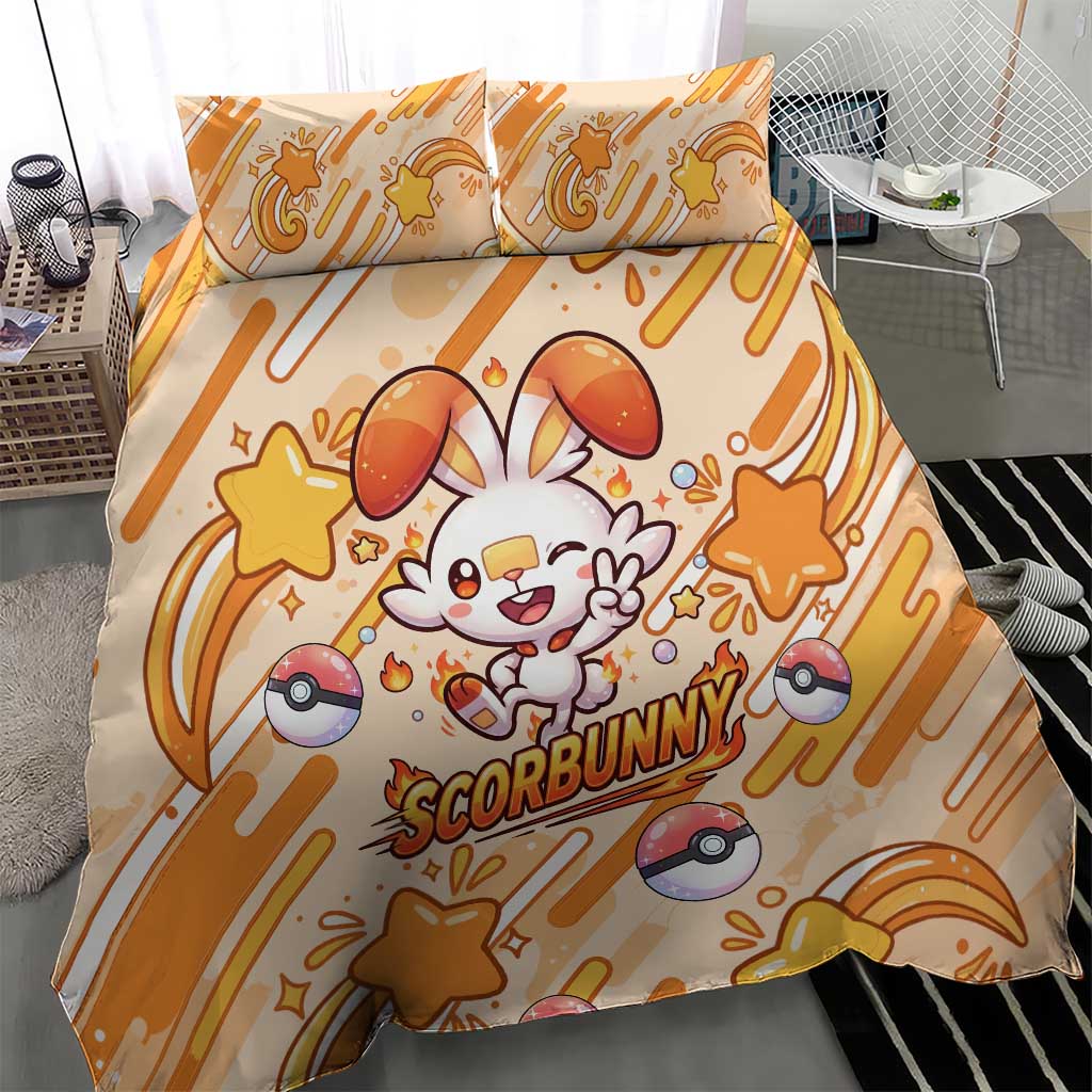 Scorbunny Bedding Set Energetic Fire Starburst Art