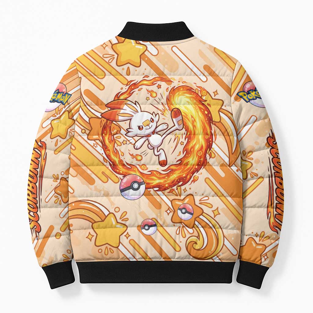 Scorbunny Bomber Puffer Jacket Energetic Fire Starburst Art