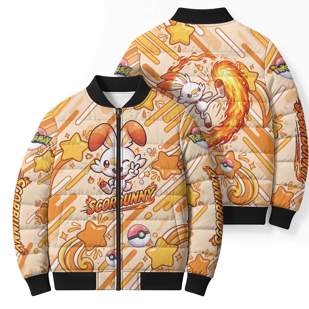 Scorbunny Bomber Puffer Jacket Energetic Fire Starburst Art