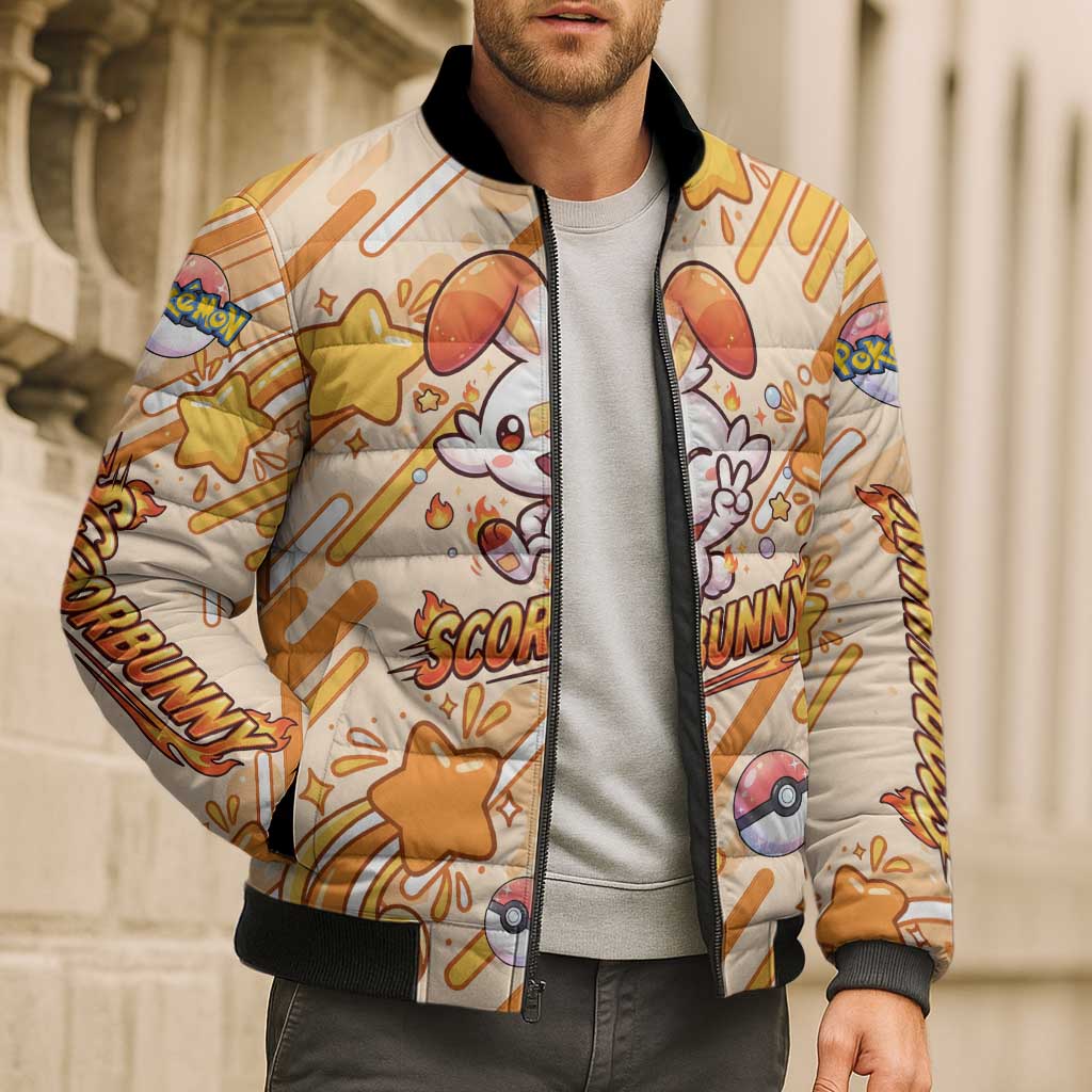 Scorbunny Bomber Puffer Jacket Energetic Fire Starburst Art