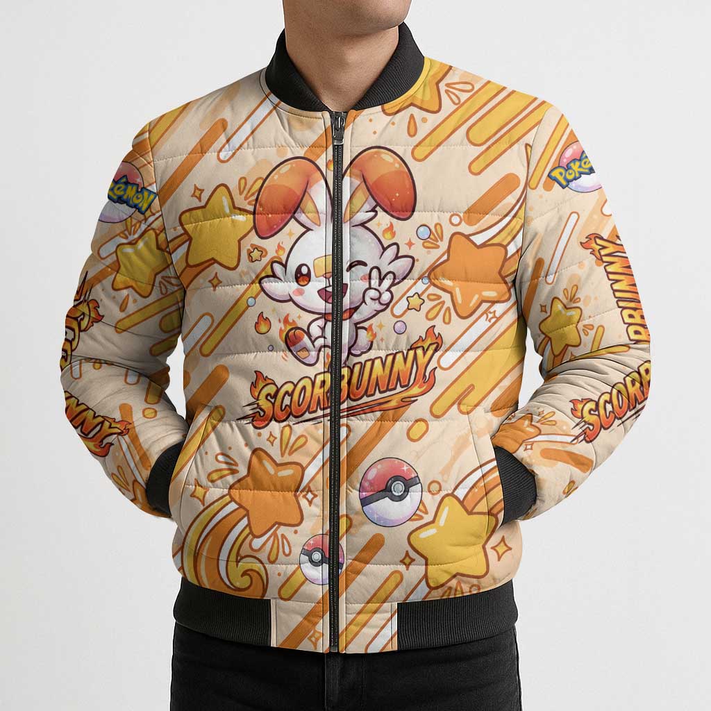 Scorbunny Bomber Puffer Jacket Energetic Fire Starburst Art