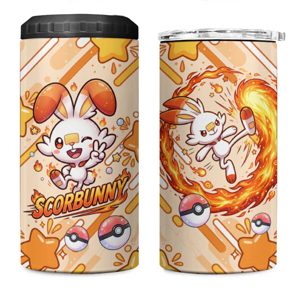 Scorbunny 4 in 1 Can Cooler Tumbler Energetic Fire Starburst Art