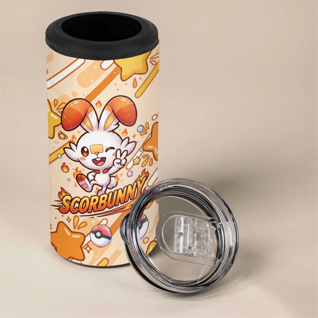 Scorbunny 4 in 1 Can Cooler Tumbler Energetic Fire Starburst Art