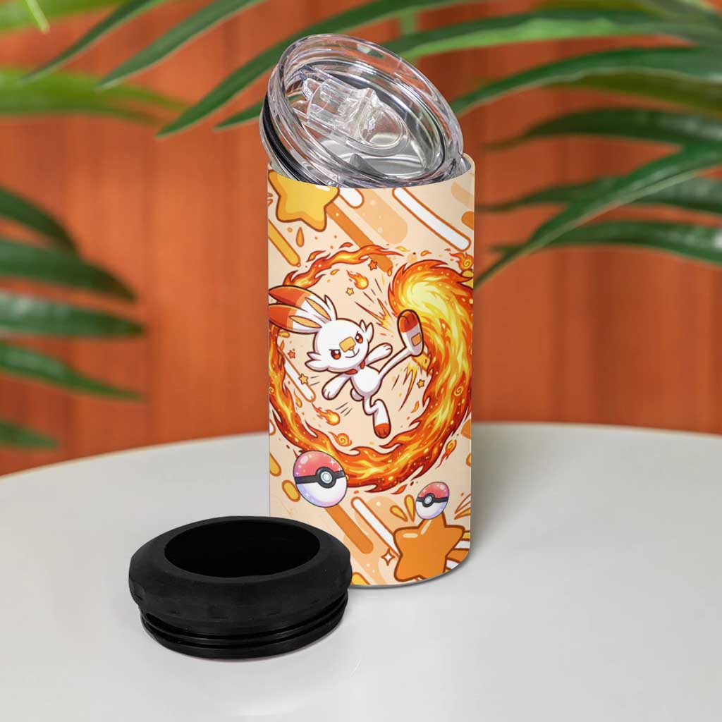 Scorbunny 4 in 1 Can Cooler Tumbler Energetic Fire Starburst Art