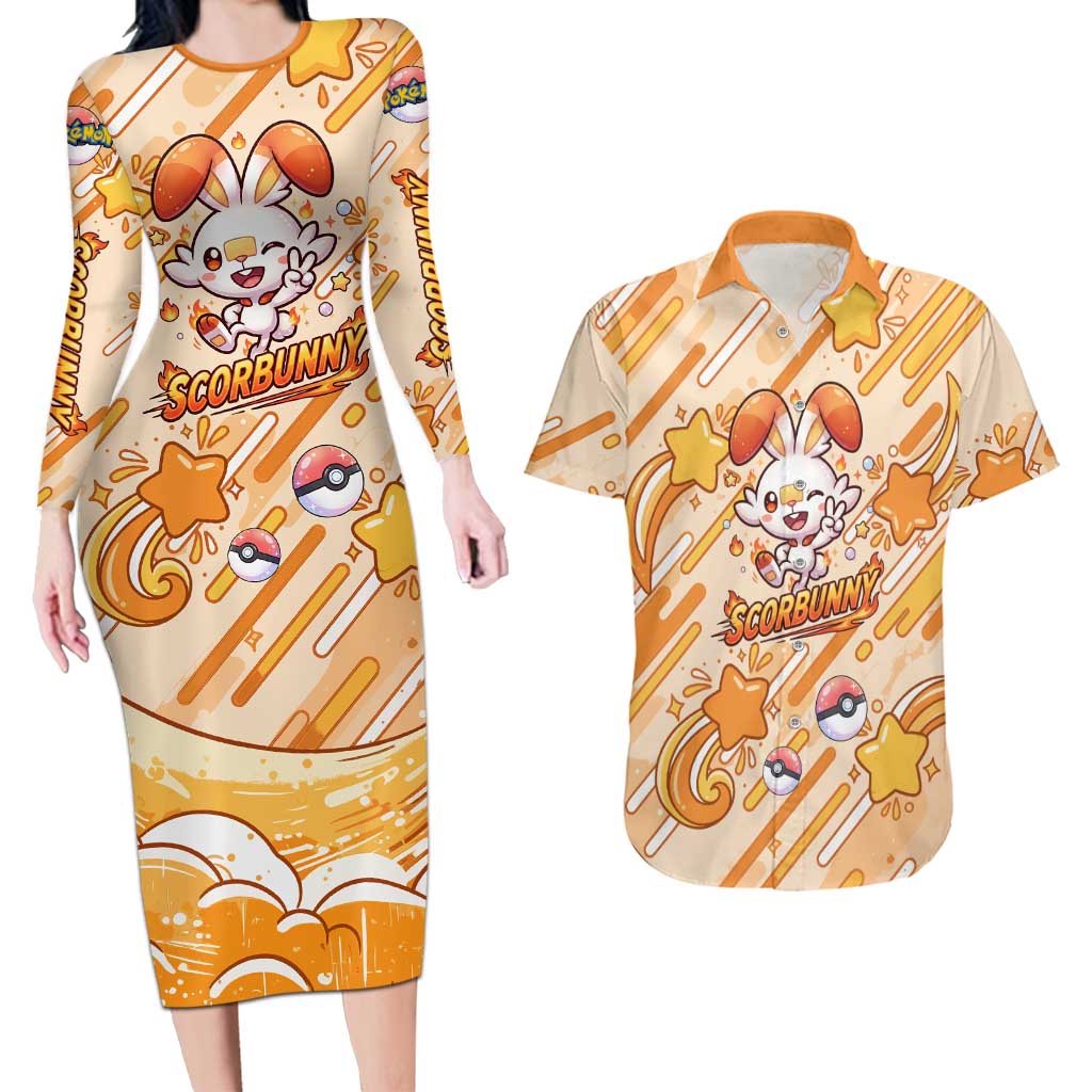 Scorbunny Couples Matching Long Sleeve Bodycon Dress and Hawaiian Shirt Energetic Fire Starburst Art