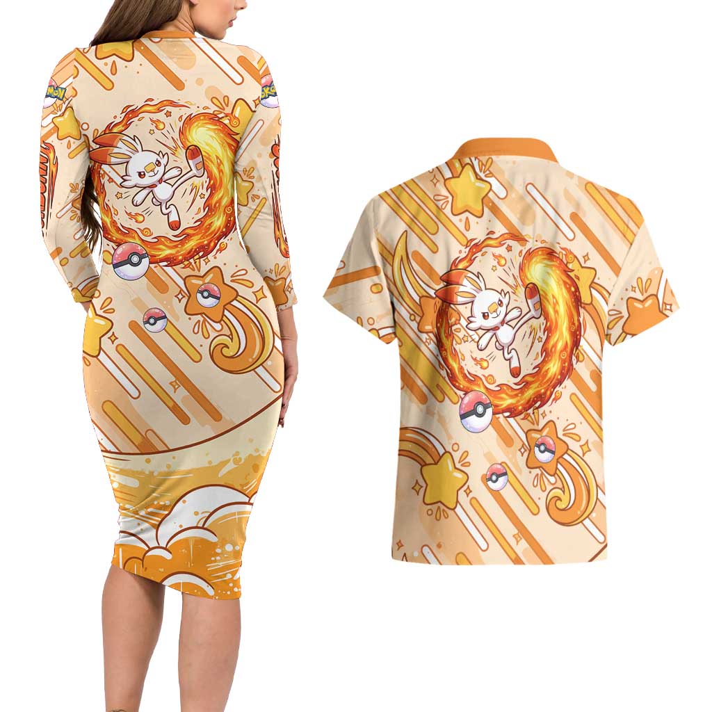 Scorbunny Couples Matching Long Sleeve Bodycon Dress and Hawaiian Shirt Energetic Fire Starburst Art