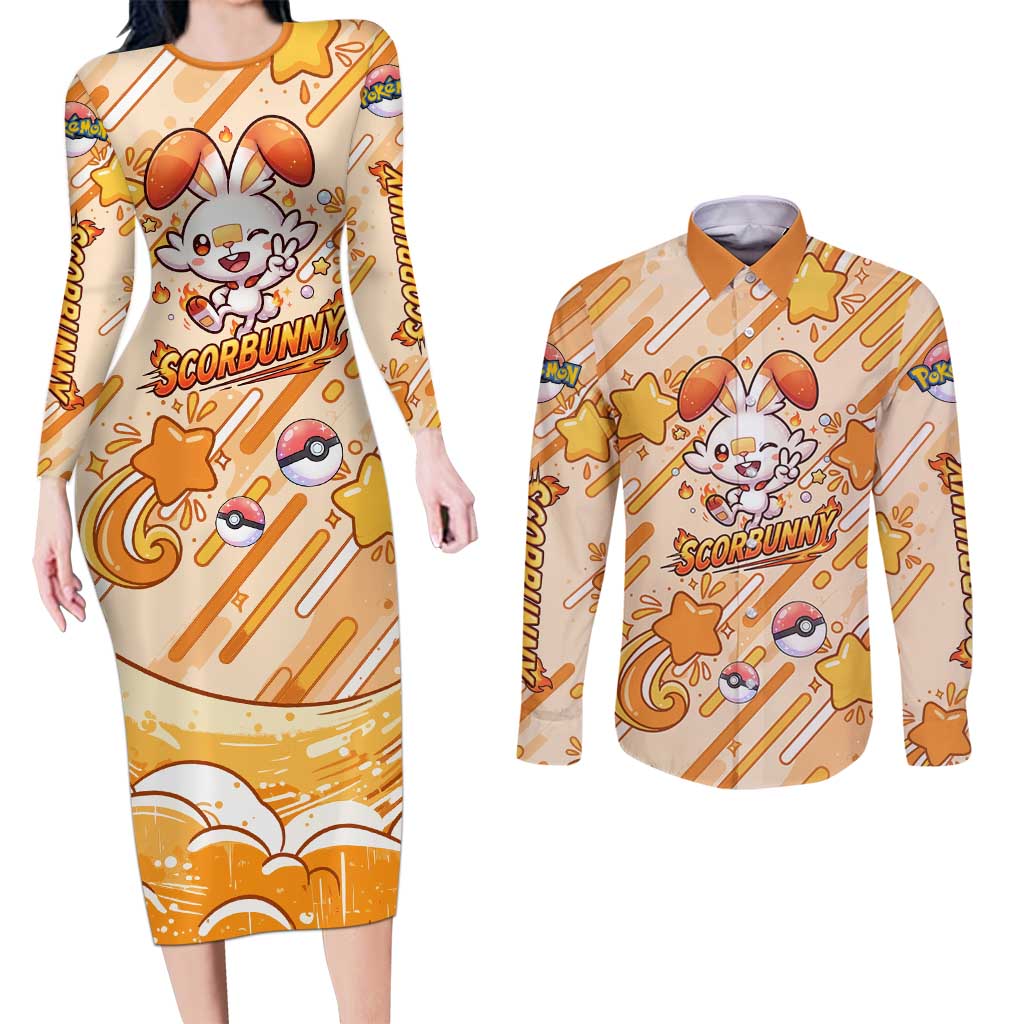 Scorbunny Couples Matching Long Sleeve Bodycon Dress and Long Sleeve Button Shirt Energetic Fire Starburst Art