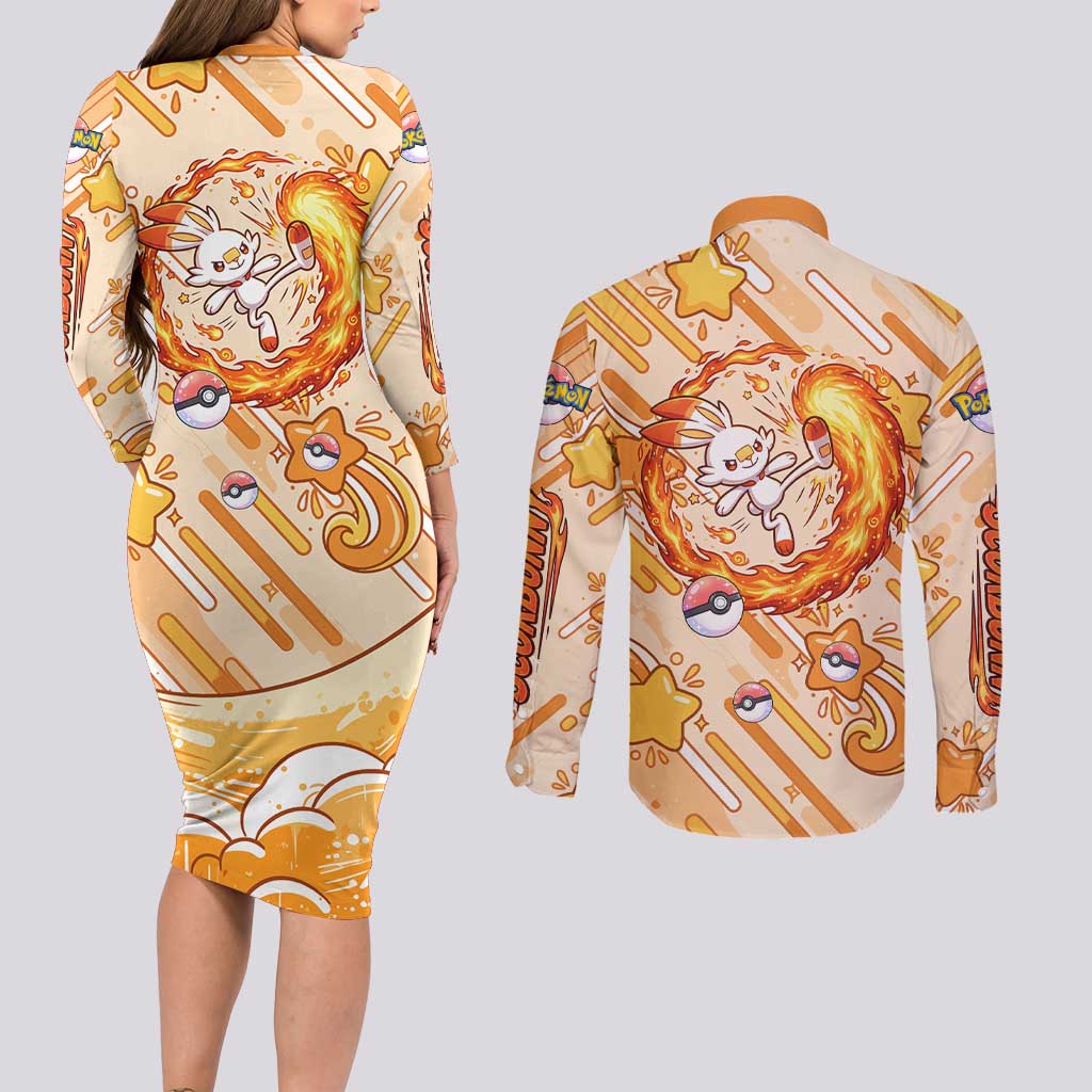 Scorbunny Couples Matching Long Sleeve Bodycon Dress and Long Sleeve Button Shirt Energetic Fire Starburst Art