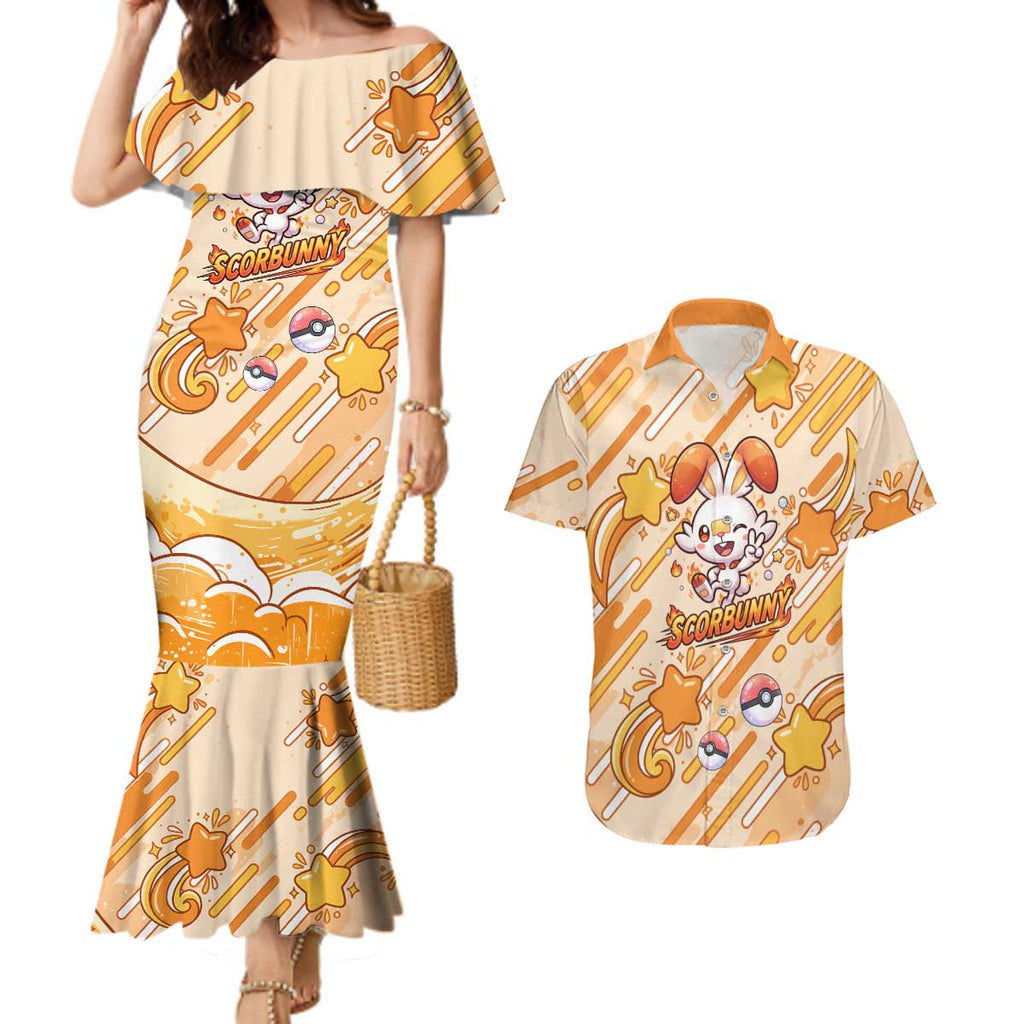 Scorbunny Couples Matching Mermaid Dress and Hawaiian Shirt Energetic Fire Starburst Art