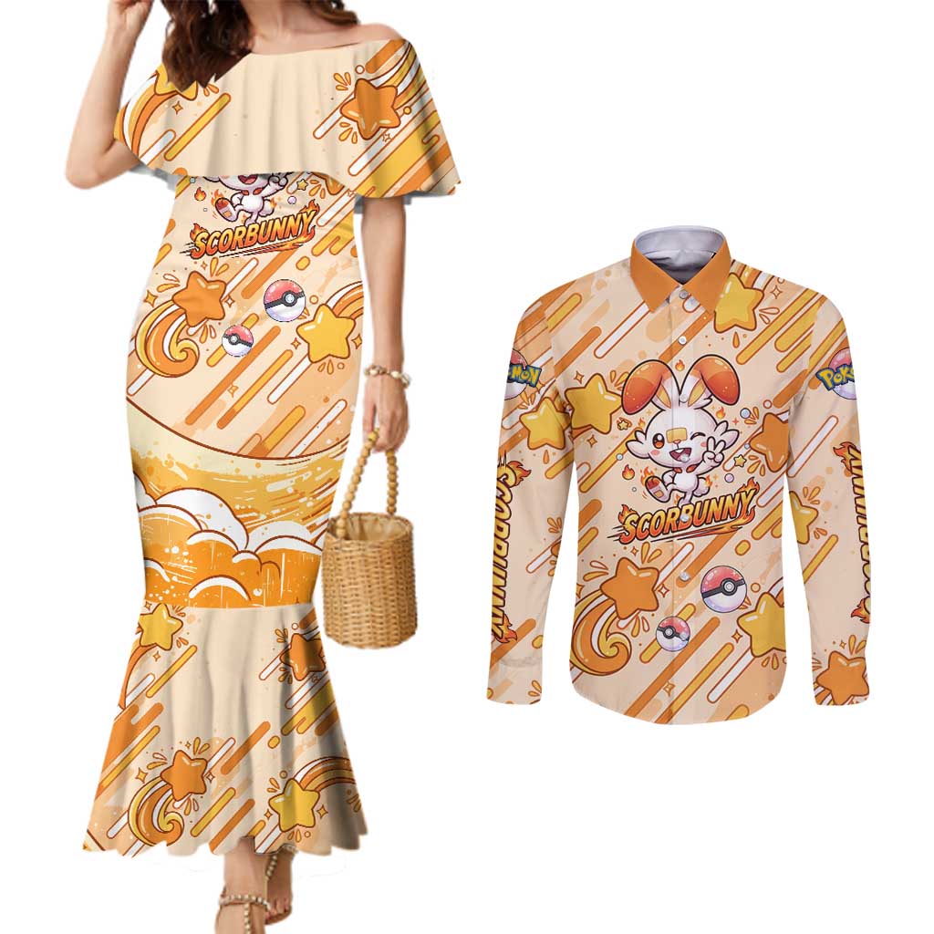 Scorbunny Couples Matching Mermaid Dress and Long Sleeve Button Shirt Energetic Fire Starburst Art