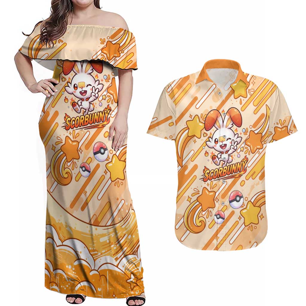 Scorbunny Couples Matching Off Shoulder Maxi Dress and Hawaiian Shirt Energetic Fire Starburst Art