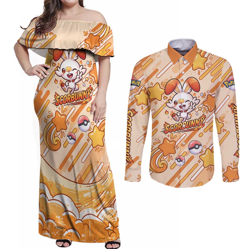 Scorbunny Couples Matching Off Shoulder Maxi Dress and Long Sleeve Button Shirt Energetic Fire Starburst Art