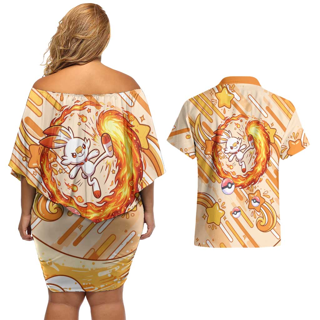Scorbunny Couples Matching Off Shoulder Short Dress and Hawaiian Shirt Energetic Fire Starburst Art