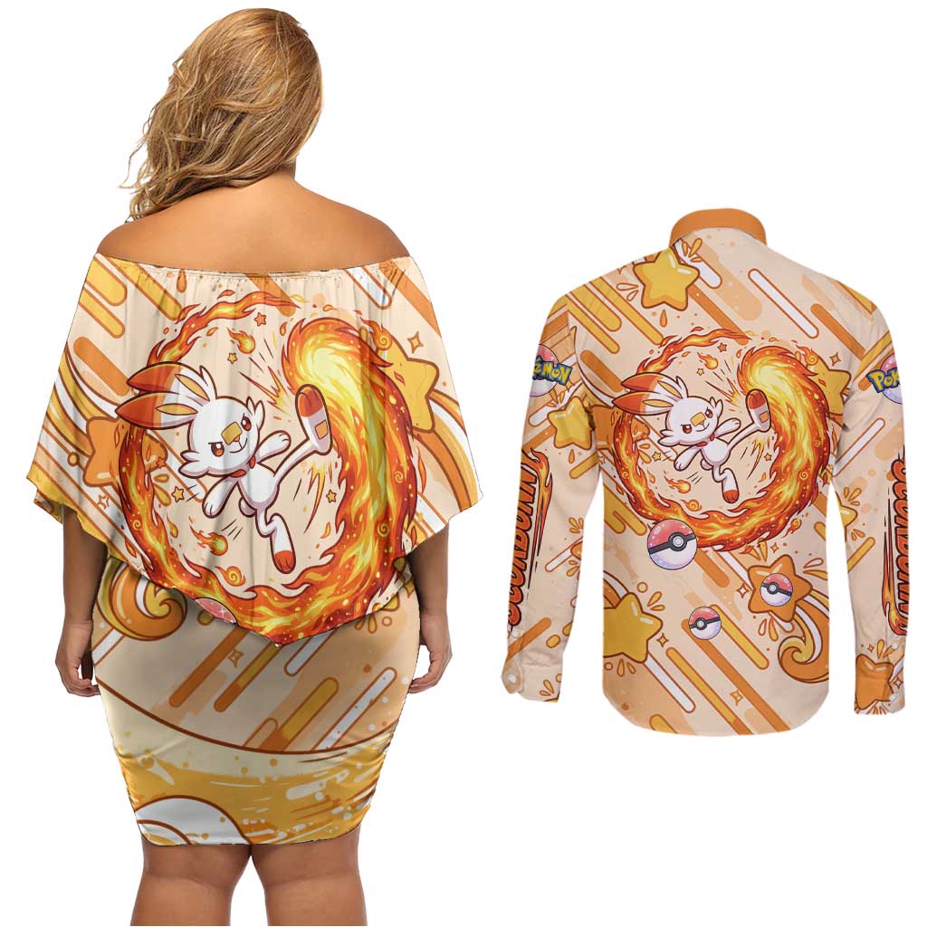Scorbunny Couples Matching Off Shoulder Short Dress and Long Sleeve Button Shirt Energetic Fire Starburst Art