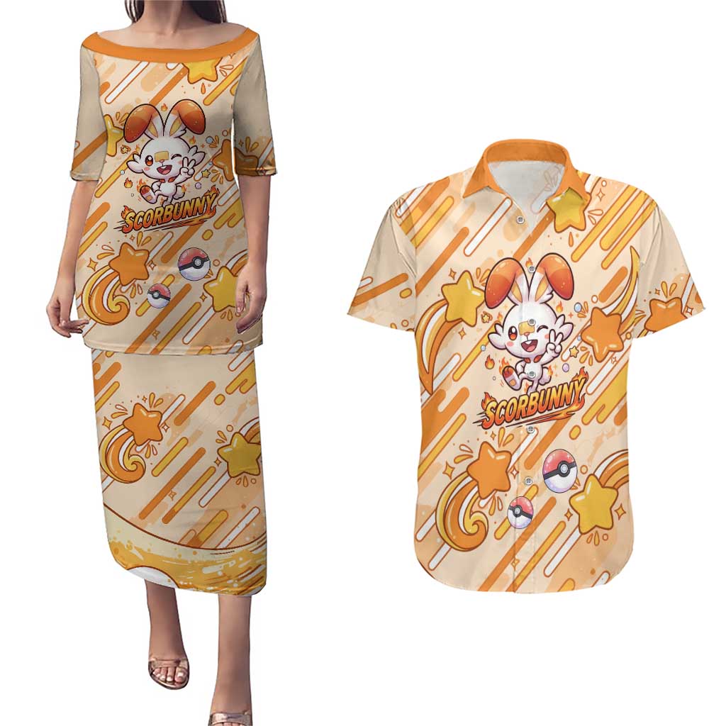 Scorbunny Couples Matching Puletasi and Hawaiian Shirt Energetic Fire Starburst Art