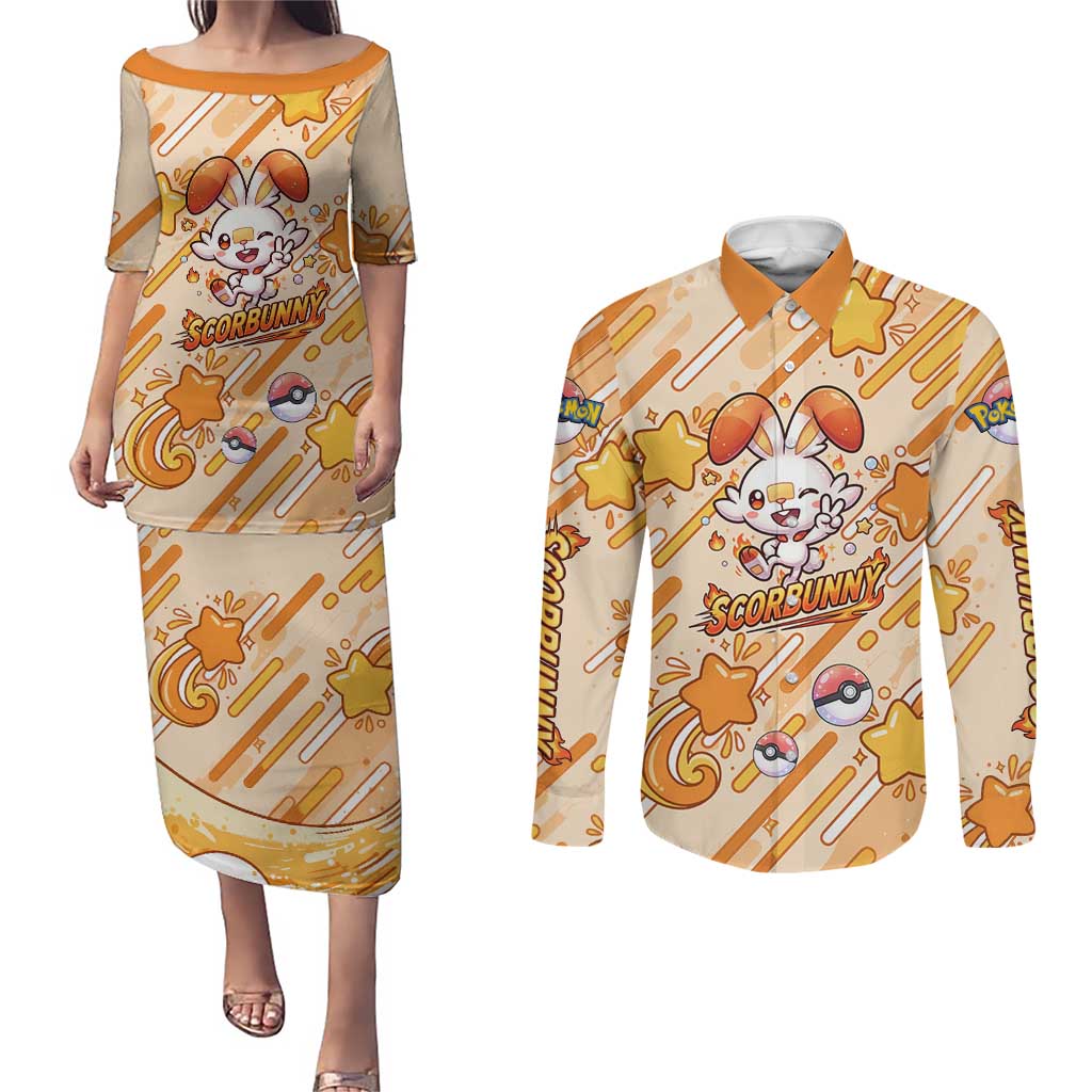 Scorbunny Couples Matching Puletasi and Long Sleeve Button Shirt Energetic Fire Starburst Art