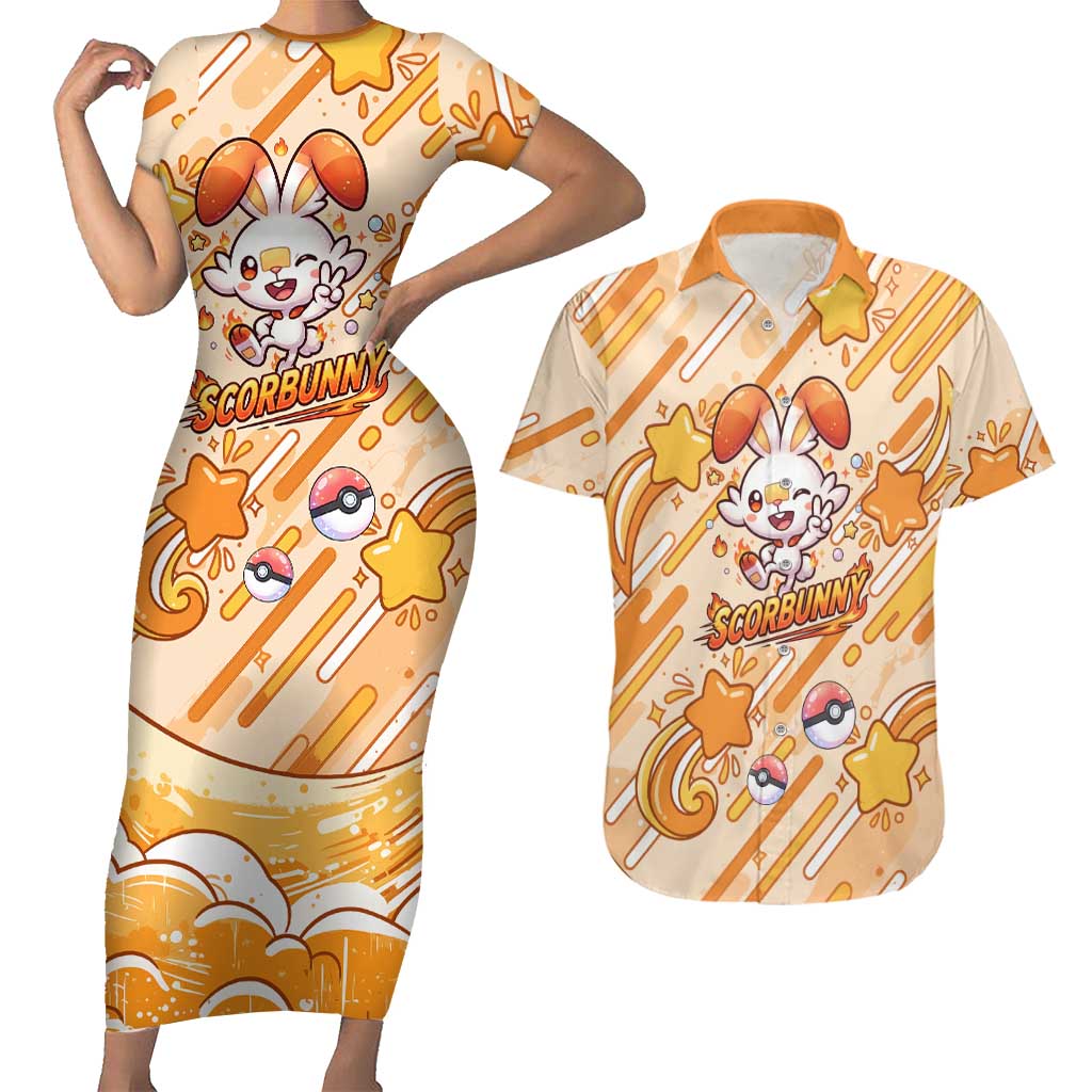 Scorbunny Couples Matching Short Sleeve Bodycon Dress and Hawaiian Shirt Energetic Fire Starburst Art