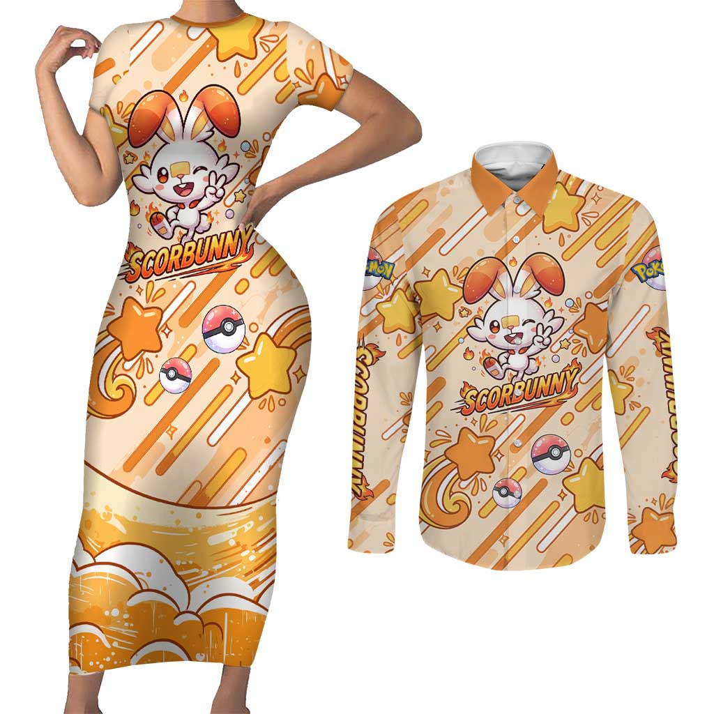 Scorbunny Couples Matching Short Sleeve Bodycon Dress and Long Sleeve Button Shirt Energetic Fire Starburst Art