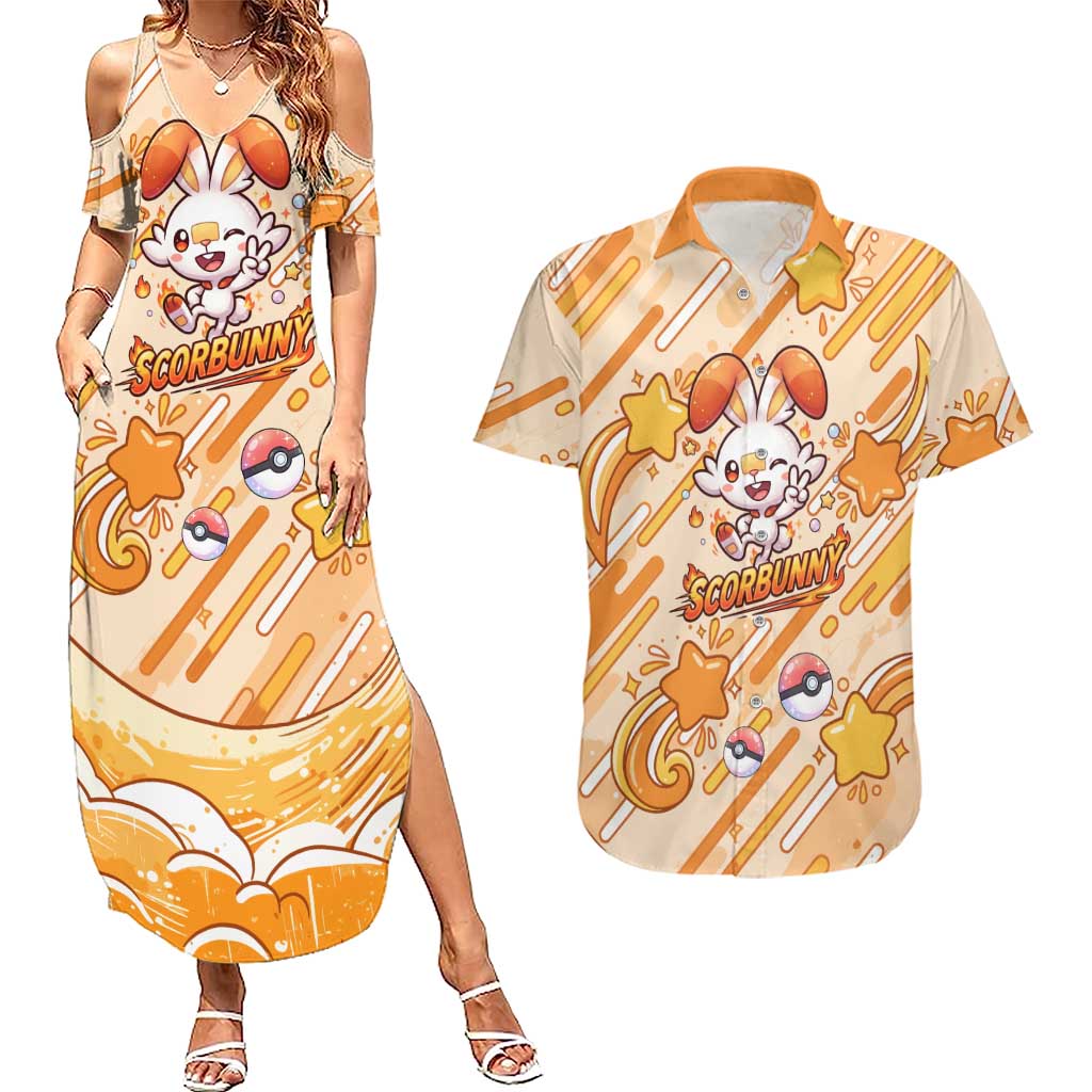 Scorbunny Couples Matching Summer Maxi Dress and Hawaiian Shirt Energetic Fire Starburst Art