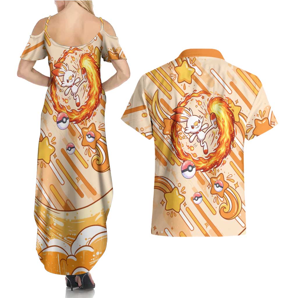 Scorbunny Couples Matching Summer Maxi Dress and Hawaiian Shirt Energetic Fire Starburst Art